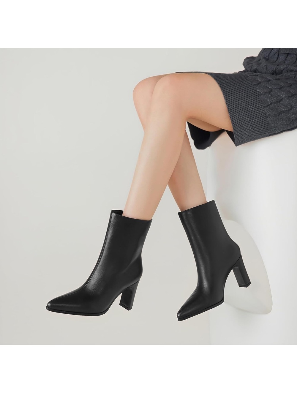 Pointed Toe Ankle Boots Triangle Block Heel Booties Pull-On Smooth Faux Leather - Picture 6 of 10